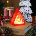 Red triangular Christmas lantern with LED snowman scene and top handle for festive decor - Red Snowman
