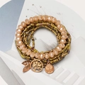 Bohemian multi-layer champagne beaded bracelet set with gold tree of life pendant charm - Bronze