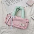 Astuccio morbido rosa con manico verde e fiocco blu in stile macaron delicato - Rosa Chiaro