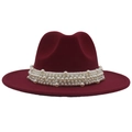 Detailed view of dark red wool fedora featuring a wide faux pearl decorative band - M(56-58cm) / Wine Red (Large Pearl)