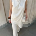Elegant white satin sleeveless top with irregular hem and round neck casual chic style - S / Standard / White