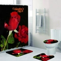 Conjunto detallado de alfombra de baño y cortina de ducha con rosas rojas para San Valentín - Juego de 3 Alfombras de Baño / Rosa Roja Fondo Negro