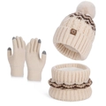 Ensemble d'hiver 3 pièces avec bonnet à pompon, écharpe et gants tactiles à motifs beige - Ensemble 3 Pièces (Bonnet + Écharpe + Gants) / Poche zippée