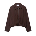 Dark brown long sleeve pleated velvet bomber jacket with a front zipper and knit fabric - XS / Coffee