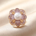 Spilla vintage a fiore con petali in smalto viola e grande perla centrale su seta - Fiore a Croce con Perla Viola Chiaro