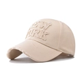 Detailed macro of vintage beige baseball cap with New York 3D embroidery and distressed edges - Adjustable / Beige