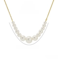 Detail view of 18k gold plated pearl necklace with size dimensions and 11 round pearls - Graduated Pearl Style (ZN1688G) / Gold
