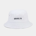 Detail of Brooklyn embroidery and metal eyelets on white cotton canvas bucket hat - White