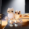 Close-up of golden owl keychain featuring cat-eye stones and sparkling rhinestones - Moonstone Owl Couple