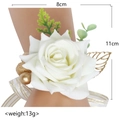 Corsage da polso con rosa bianca, foglie dorate e nastro per damigelle di nozze - 11x8cm / Corsage da polso