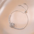 Adjustable silver clover bracelet with sparkling cubic zirconia on champagne silk fabric - Heart Clover Bracelet (TS0074) / Silver