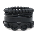 Heren meerlaagse zwarte leren armband in punkstijl met infinity-symbool bedeltje - Geheel Zwart Meerlaagse Stijl
