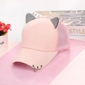 Pink rhinestone cat ear baseball cap with metal rings and breathable mesh fabric - Adult, Adjustable / Mesh Pink