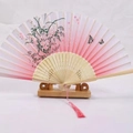 Pink gradient bamboo folding fan with floral butterfly patterns and silk tassel - White Ribs Style 18