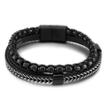 Men's multi-layer black leather bracelet with beaded strands and magnetic steel clasp - Black (KB146271-KLHQ)