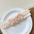 Pink corduroy flower baby headband with beige lace and white pearl center details - Nude Pink Three-petal Flower