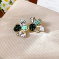 Detail of floral stud earring with crystals pearls and green gems on a textured base - Abstract Green Floral Cluster Style (15# Silver Needle-Gold)