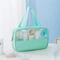 Mint green waterproof PVC makeup bag with stylish leather trim and nylon handle - Medium / Light Green
