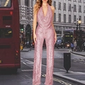 Pink sequin halter neck jumpsuit with deep V-neck and wide legs for summer style - 3XL / Pink