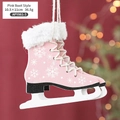 Pink wooden ice skate Christmas ornament with white fur trim and snowflake pattern - Pink