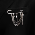 Silver safety pin brooch with layered chains, heart and star charms on black suit jacket - White K 6993 (Star Four-Pointed Star)