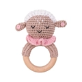 Handmade crochet baby rattle with sheep design and natural wood ring for teething - Pink Sheep