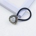 Western style heart hair tie with marble stone inlay and silver metal floral border - Heart-White
