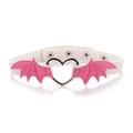 Detail of white leather choker with pink bat wings and silver heart metal ring - Pink Wings White PU Choker