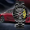 Orologio da uomo design cerchio da corsa con cinturino nero e pinza freno gialla - T38 Cinturino in Acciaio Nero Ruota Gialla