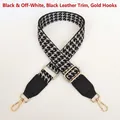 Adjustable houndstooth patterned bag strap with black leather accents and gold hooks - Black Cream + Black Leather + Gold Hook