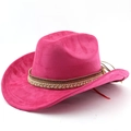 Close-up of rose pink suede cowboy hat with bohemian beaded leather trim detailing - M (56-58cm) / Rose Red