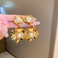Vintage style gold flower earrings featuring elegant white pearls on twisted metal - 33# 925 Sterling Silver Earring Post - Gold (Pearl Flower)