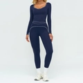 Ensemble de yoga deux pièces bleu marine avec coutures blanches et haut à manches longues - S / Haut Et Bas / Bleu Marine