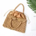 Handmade beige hollow cotton rope woven handbag with drawstring lining for vacation - With Liner / Khaki