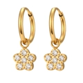 Golden hoop earrings featuring flower-shaped pendants set with clear zircon stones - Zirconia Flower Hoop