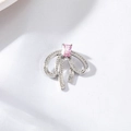 Silver bow pendant with pink square zircon and pavé micro-inlay on textured fabric - Silver Plated Pink Zirconia Bow