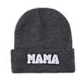 Detail of dark grey knit beanie featuring white MAMA towel embroidery on the cuff - Dark Gray
