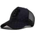Cappellino trucker blu navy con tessuto a rombi, toppa in pelle R e rete traspirante - Regolabile / Blu navy
