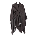 Deep brown solid cashmere-like poncho with belt closure and stylish fringed edges - Coffee
