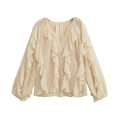 Klassieke beige blouse met V-hals en lange mouwen met ruches en knopen voor - XS / Melkwit