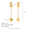 18K gold plated stainless steel star tassel earrings featuring long drop design and dimensions - Four-pointed Star Tassel Stud Earrings (Gold)