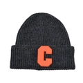 Detailed close-up of dark grey knit beanie with orange embroidered letter C patch detail - Grey & Orange