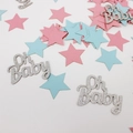 Pink and blue star confetti with silver Oh Baby glitter cutouts for baby shower decor - Silver Oh Baby + Pink Blue Star