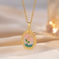 French vintage rose oval lace necklace with a gold butterfly and colorful enamel pendant - Pink Enamel Rose Necklace