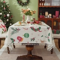 Christmas rectangular tablecloth with festive prints and fringe trim for holiday dining - Christmas Wreath + Tassel