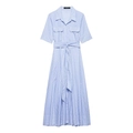 Vestido camisero a rayas azules y blancas con manga corta, bolsillos y lazo en cintura - XS / Azul Cielo