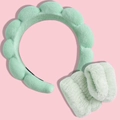 Microfiber spa set with plush mint green headband and wristbands for facial washing - Green (Set of 3)