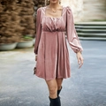 Elegant pink velvet square neck mini dress with puff sleeves and a high waist design - S / Pink