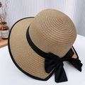 Women's summer straw beach hat in khaki with a large black ribbon bow decoration - Khaki Back Bow