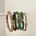 Vintage 6-piece beaded bracelet set with irregular wood and coconut shell beads - Green & Coffee Set (6-Piece)